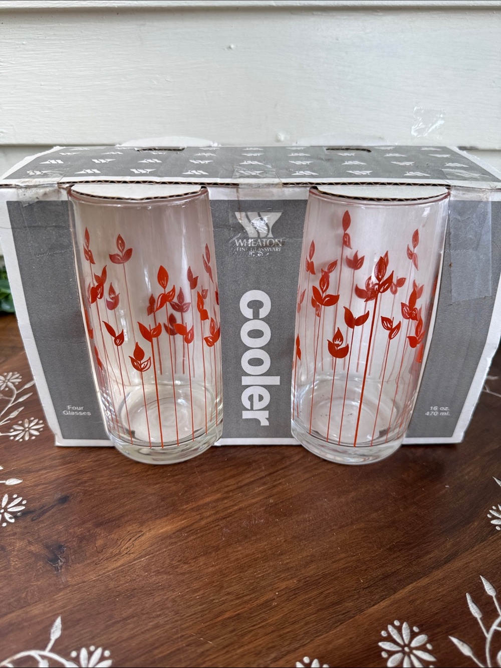 Vtg Wheaton 'Cooler' Glass Tumblers with Orange Floral Design (Set of 4) NEW